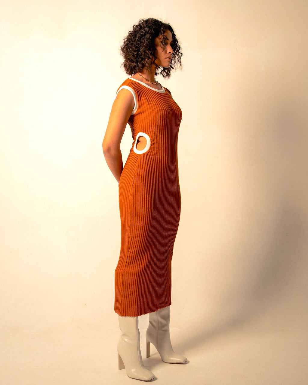 Orange Midi Dress at Kamakhyaa by Meko Studio. This item is Cut Out Dresses, Evening Wear, Hand Knitted, July Sale, July Sale 2023, Midi Dresses, Orange, Recycled Cotton, Recycled Polyster, Sleeveless Dresses, Slim Fit, Solids, Tranquil AW-22/23, Womenswear