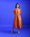 Orange Midi Dress at Kamakhyaa by Rias Jaipur. This item is Best Selling, Casual Wear, Handloom Cotton, Handspun, Handwoven, Hue, Midi Dresses, Orange, Regular Fit, Stripes, Womenswear