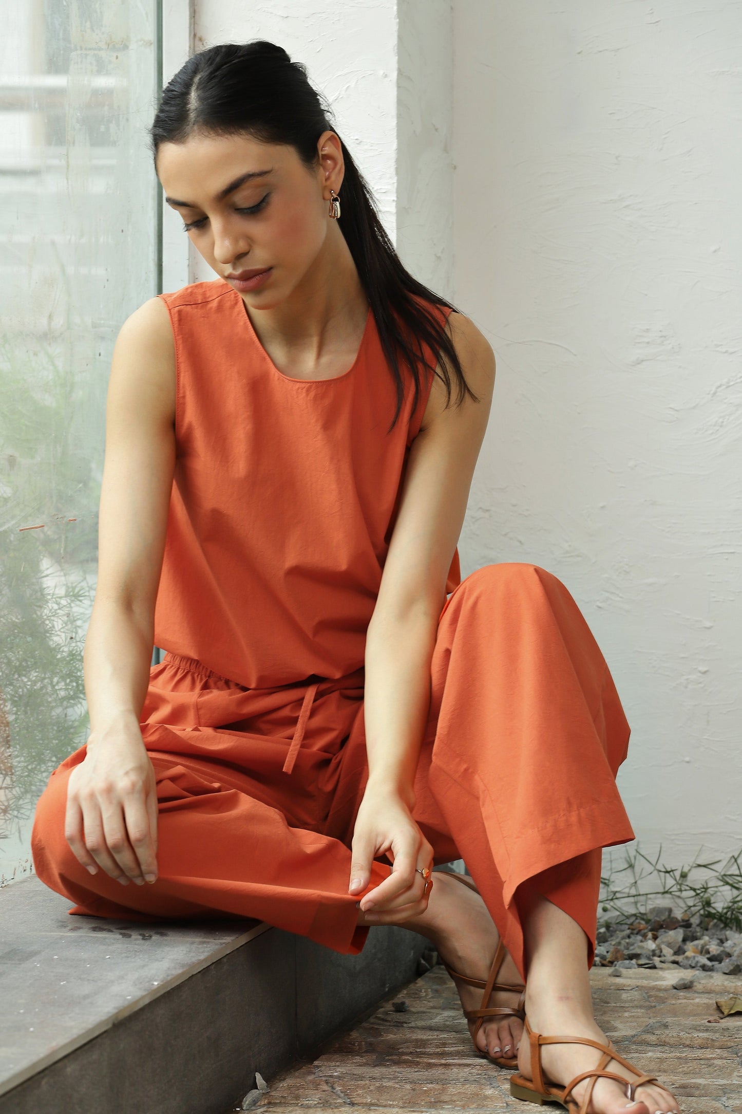 Orange Sleeveless Cotton Co-Ord Set at Kamakhyaa by Canoopi. This item is Canoopi, Casual Wear, Complete Sets, Natural, Orange, Poplin, Regular Fit, Solids, Vacation Co-ords, Womenswear