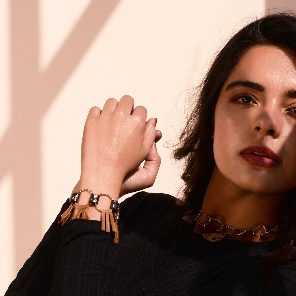 Orb Bracelet at Kamakhyaa by Noupelle. This item is Add Ons, Bracelets, Brown, Casual Wear, Free Size, jewelry, Less than $50, Natural, Textured, Upcycled, Upcycled leather