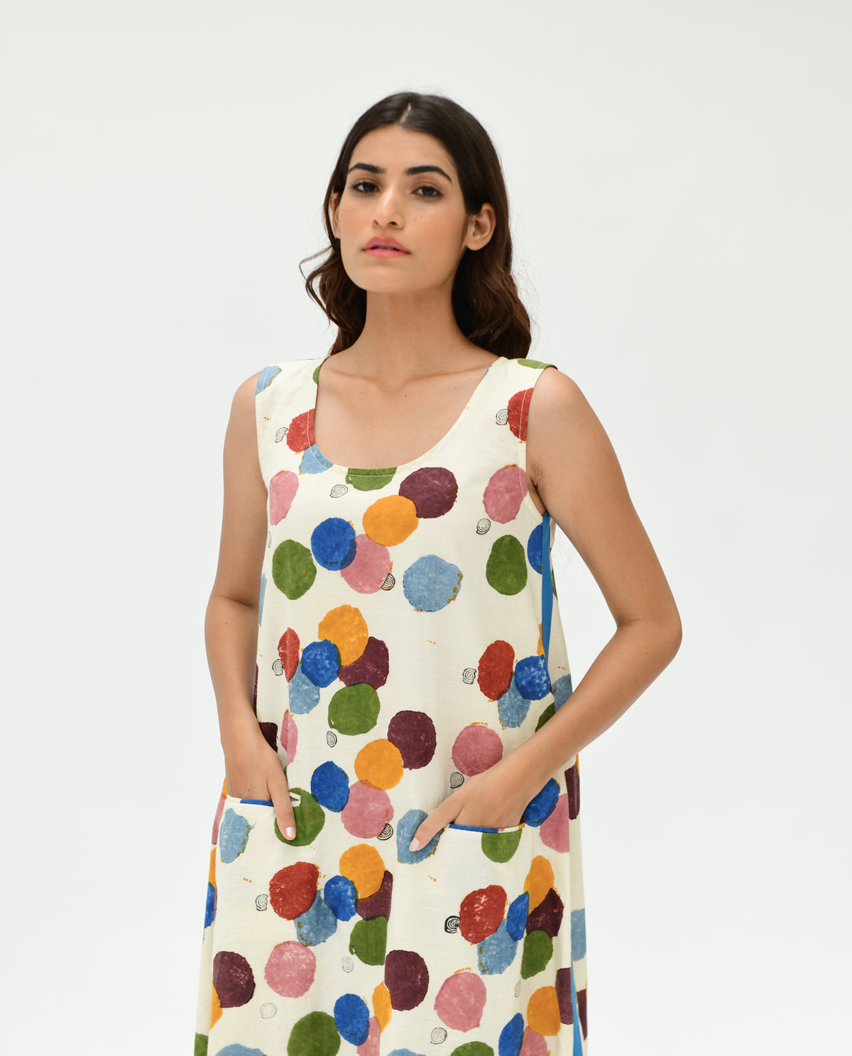 Organic Cotton Pocket Maxi Dress at Kamakhyaa by Rias Jaipur. This item is 100% Organic Cotton, Best Selling, Casual Wear, Handblock Printed, Handspun, Handwoven, Maxi Dresses, Off-White, Polka Dots, Prints, Relaxed Fit, Sleeveless Dresses, Void, Void Polka, Womenswear