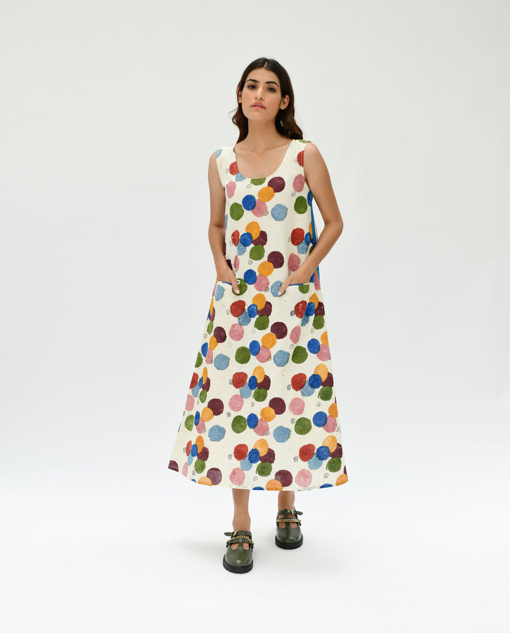 Organic Cotton Pocket Maxi Dress at Kamakhyaa by Rias Jaipur. This item is 100% Organic Cotton, Best Selling, Casual Wear, Handblock Printed, Handspun, Handwoven, Maxi Dresses, Off-White, Polka Dots, Prints, Relaxed Fit, Sleeveless Dresses, Void, Void Polka, Womenswear
