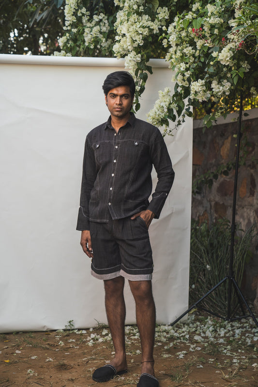 Panelled Shirt & Hem Detail Shorts at Kamakhyaa by Lafaani. This item is 100% pure cotton, Black, Casual Wear, Co-ord Sets, Menswear, Natural with azo free dyes, Organic, Regular Fit, Solids, Sonder