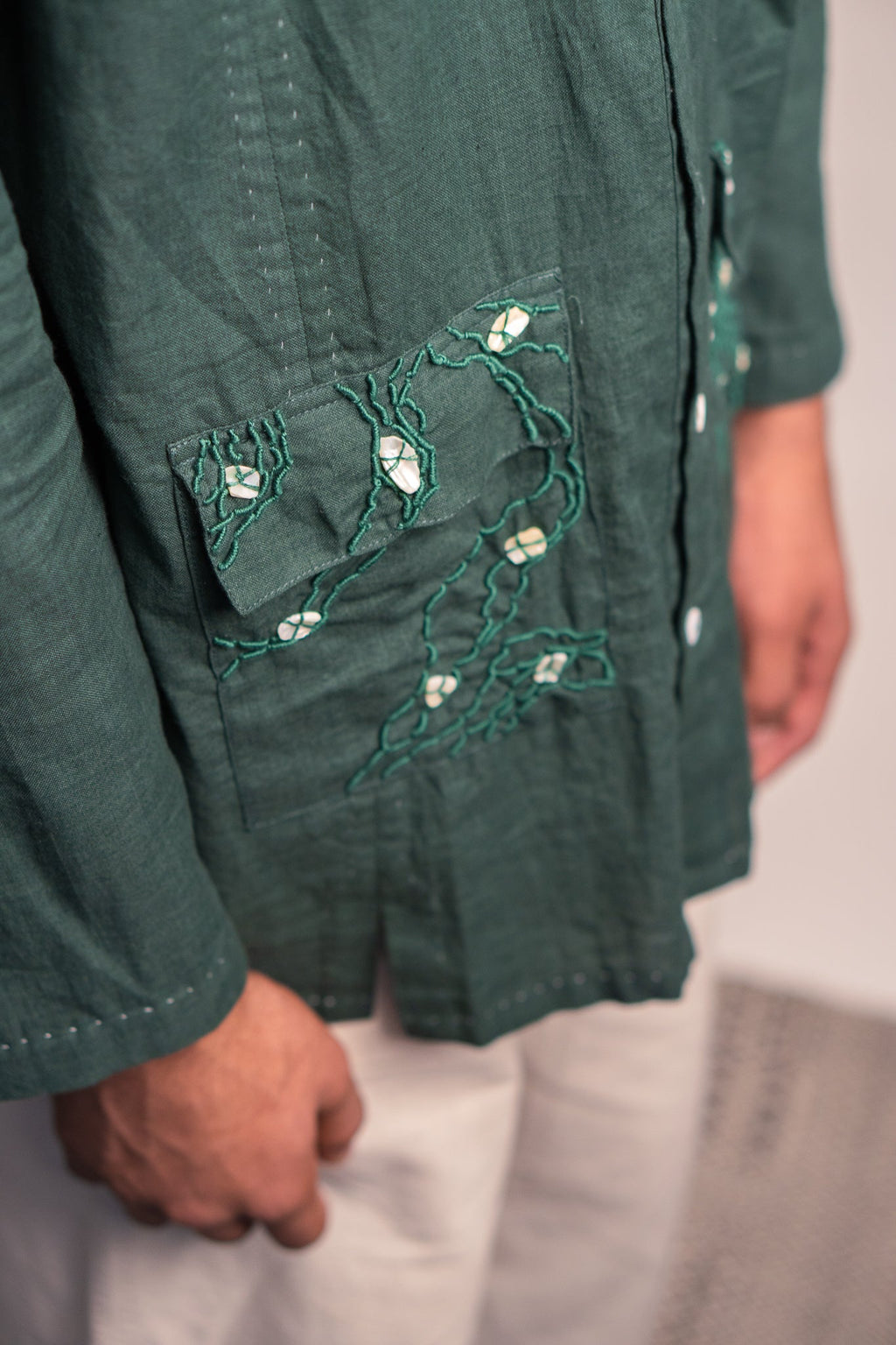 Panelled Shirt & Pants Set at Kamakhyaa by Lafaani. This item is 100% pure cotton, Casual Wear, Co-ord Sets, Green, Kora, Menswear, Natural with azo free dyes, Organic, Regular Fit, Rewind, Solids