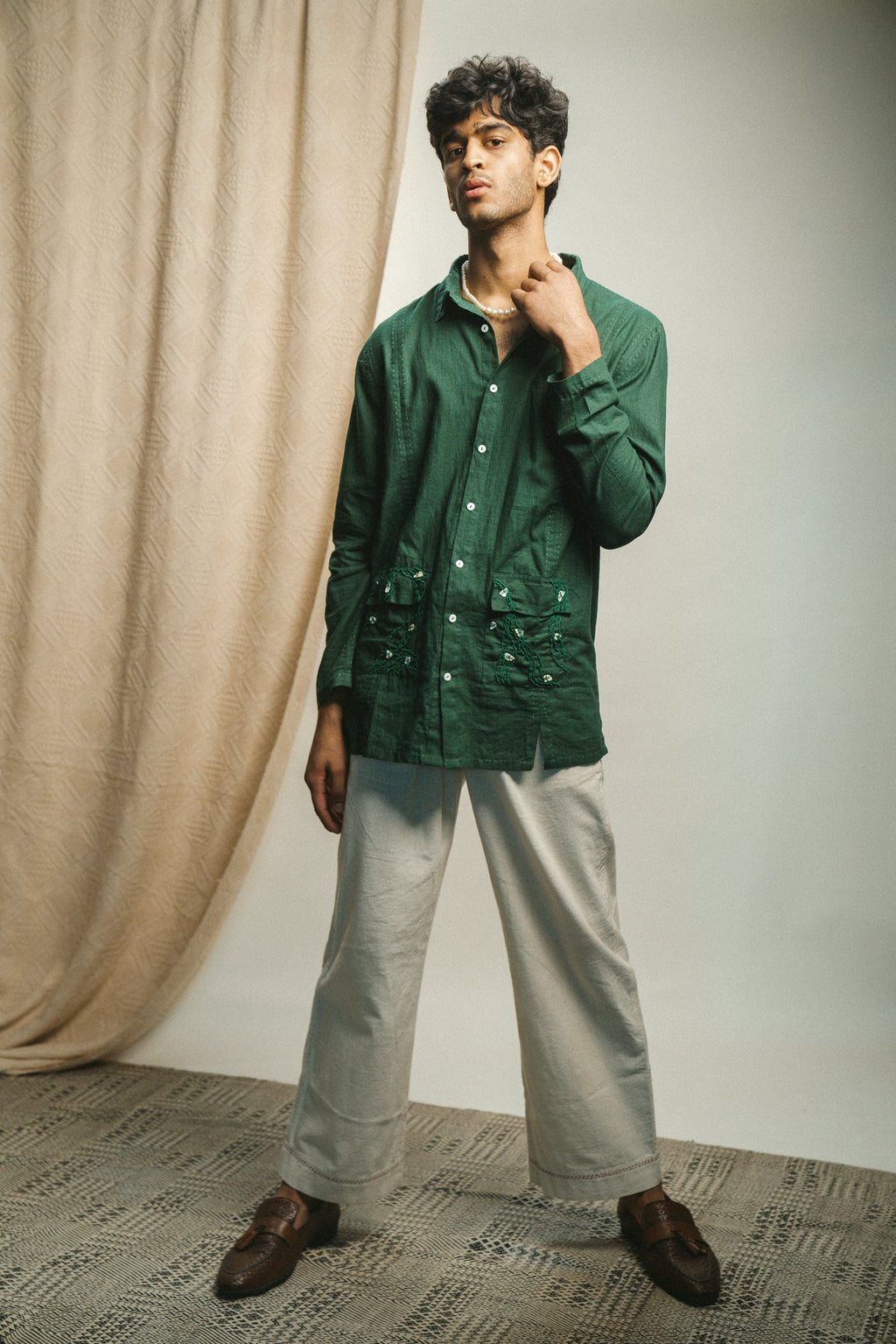 Panelled Shirt & Pants Set at Kamakhyaa by Lafaani. This item is 100% pure cotton, Casual Wear, Co-ord Sets, Green, Kora, Menswear, Natural with azo free dyes, Organic, Regular Fit, Rewind, Solids