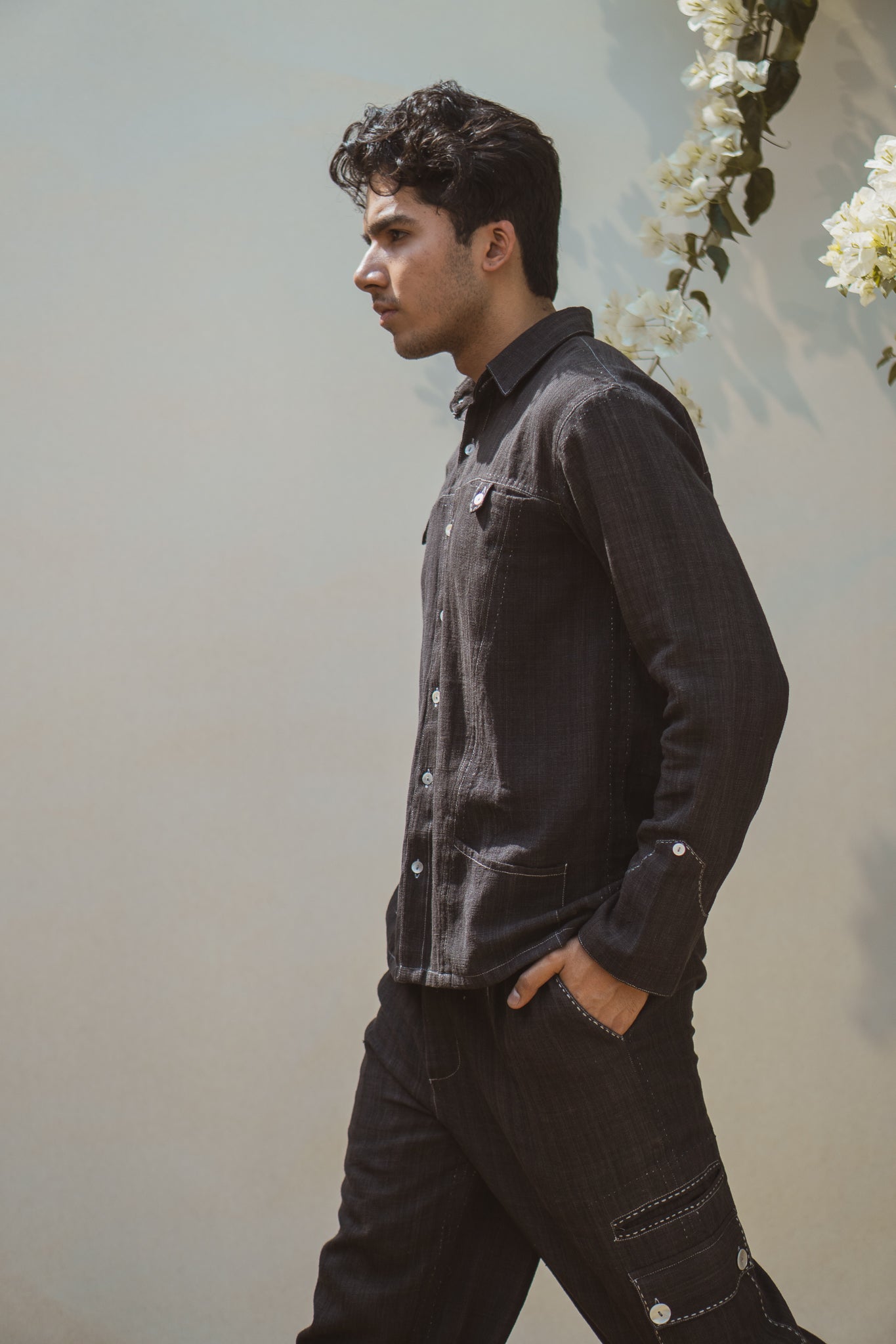 Panelled Shirt & Utility Pants at Kamakhyaa by Lafaani. This item is 100% pure cotton, Black, Casual Wear, Co-ord Sets, Menswear, Natural with azo free dyes, Organic, Regular Fit, solid, Solids, Sonder