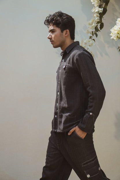 Panelled Shirt & Utility Pants at Kamakhyaa by Lafaani. This item is 100% pure cotton, Black, Casual Wear, Co-ord Sets, Menswear, Natural with azo free dyes, Organic, Regular Fit, solid, Solids, Sonder