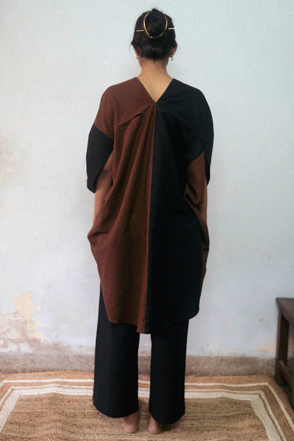 Patchwork Brown Dress at Kamakhyaa by Deeta Clothing. This item is Black, Brown, Casual Wear, Fall, Handwoven Cotton, Kaftans, Mini Dresses, Natural with azo dyes, Relaxed Fit, Shibui AW22, Solids, Womenswear