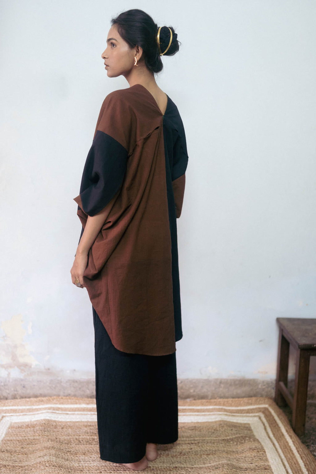 Patchwork Brown Dress at Kamakhyaa by Deeta Clothing. This item is Black, Brown, Casual Wear, Fall, Handwoven Cotton, Kaftans, Mini Dresses, Natural with azo dyes, Relaxed Fit, Shibui AW22, Solids, Womenswear