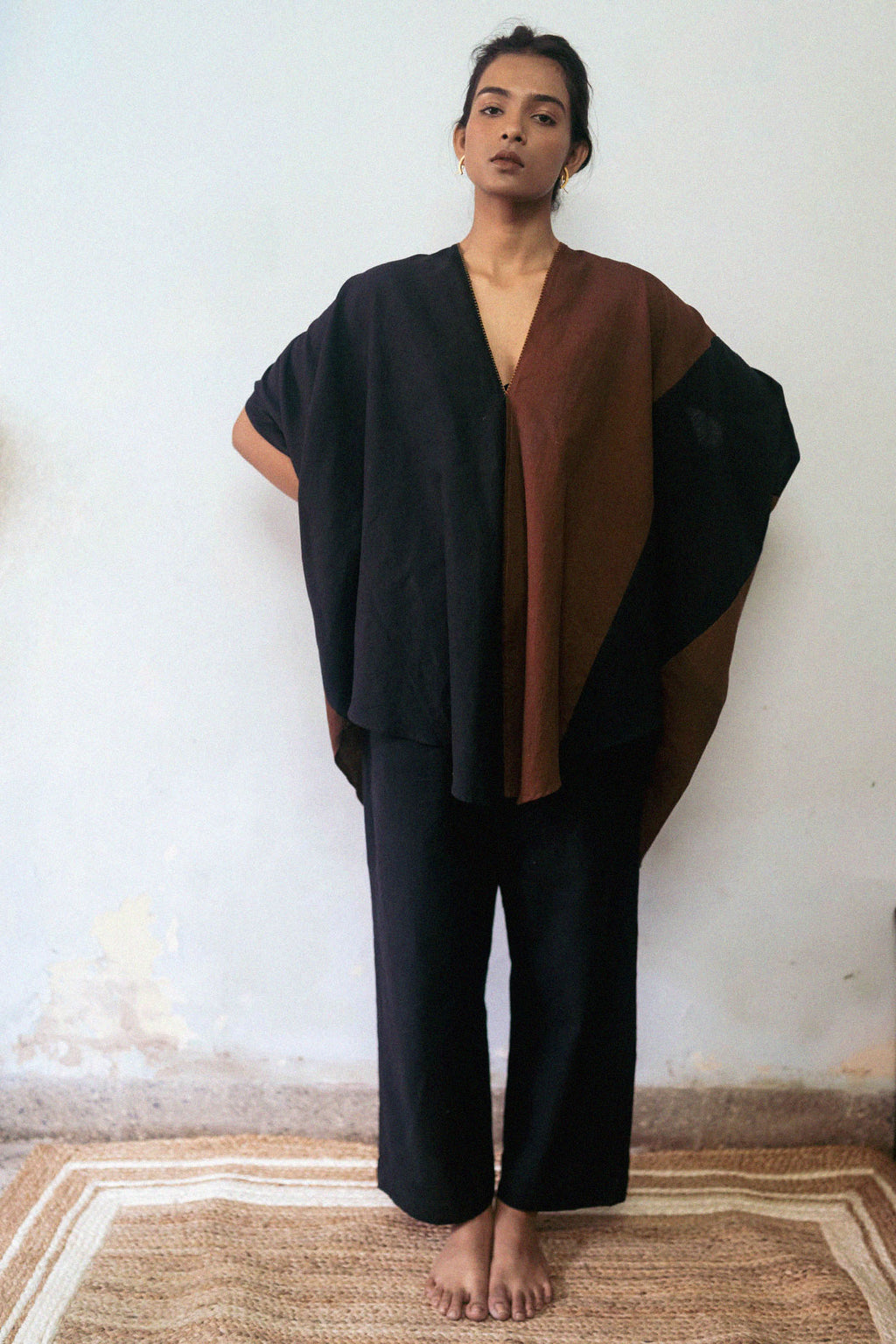 Patchwork Brown Dress at Kamakhyaa by Deeta Clothing. This item is Black, Brown, Casual Wear, Fall, Handwoven Cotton, Kaftans, Mini Dresses, Natural with azo dyes, Relaxed Fit, Shibui AW22, Solids, Womenswear