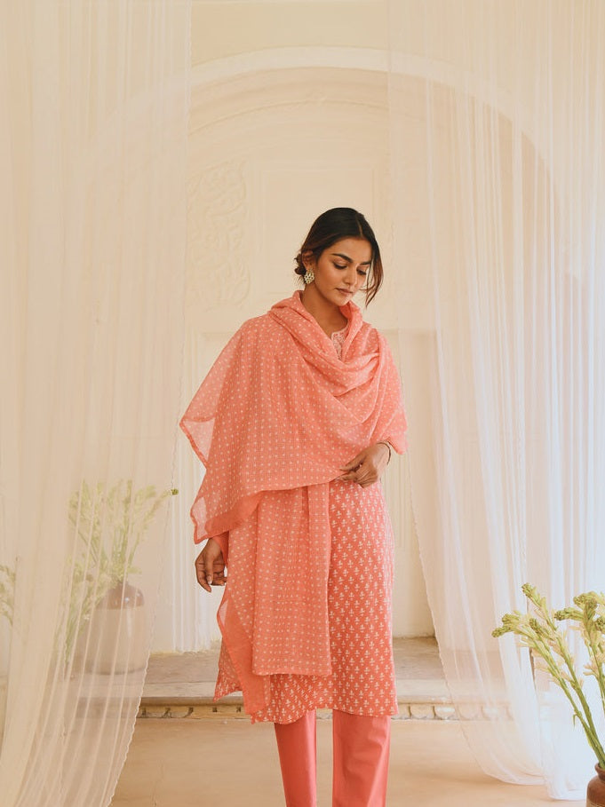 Peach Cotton Printed Kurta Set With Dupatta at Kamakhyaa by Kamakhyaa. This item is Cotton, Ethnic Wear, Kurta Pant Sets, Kurta Set with Dupattas, Natural, Pink, Prints, Regular Fit, Womenswear