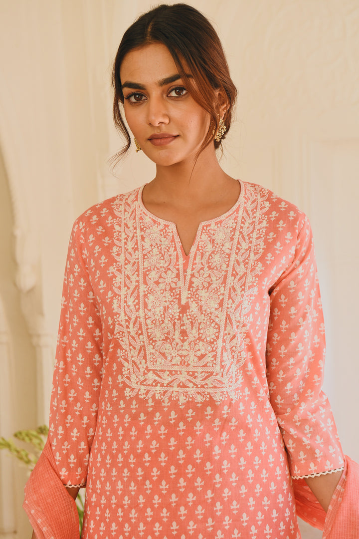 Peach Cotton Printed Kurta Set With Dupatta at Kamakhyaa by Kamakhyaa. This item is Cotton, Ethnic Wear, Kurta Pant Sets, Kurta Set with Dupattas, Natural, Pink, Prints, Regular Fit, Womenswear