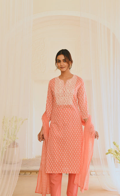 Peach Cotton Printed Kurta Set With Dupatta at Kamakhyaa by Kamakhyaa. This item is Cotton, Ethnic Wear, Kurta Pant Sets, Kurta Set with Dupattas, Natural, Pink, Prints, Regular Fit, Womenswear