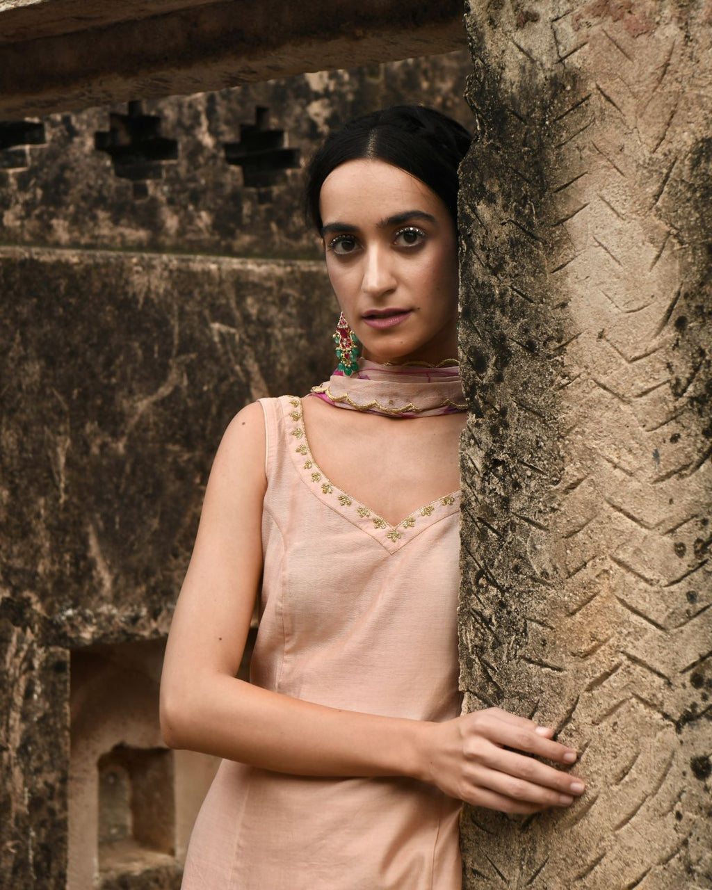 Peach Kurta Set With Dupatta at Kamakhyaa by Taro. This item is Beads work, Best Selling, Chanderi Silk, Chiffon, Digital Print, Enchanted Garden, Evening Wear, Festive Wear, Indian Wear, July Sale, July Sale 2023, Kurta Pant Sets, Kurta Set With Dupatta, Natural, Natural with azo free dyes, Peach, Sequin Work, Womenswear