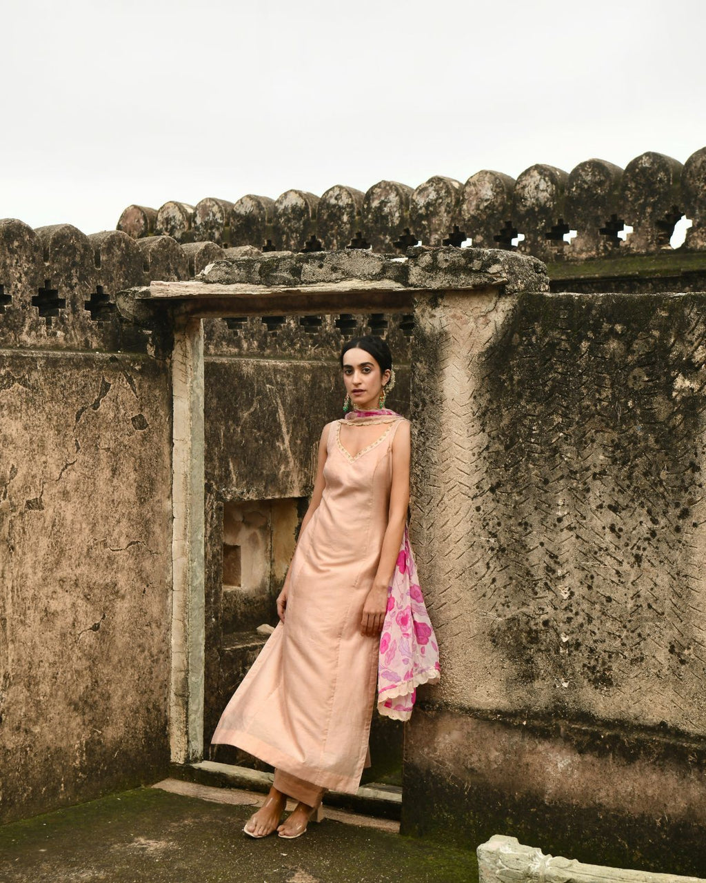 Peach Kurta Set With Dupatta at Kamakhyaa by Taro. This item is Beads work, Best Selling, Chanderi Silk, Chiffon, Digital Print, Enchanted Garden, Evening Wear, Festive Wear, Indian Wear, July Sale, July Sale 2023, Kurta Pant Sets, Kurta Set With Dupatta, Natural, Natural with azo free dyes, Peach, Sequin Work, Womenswear