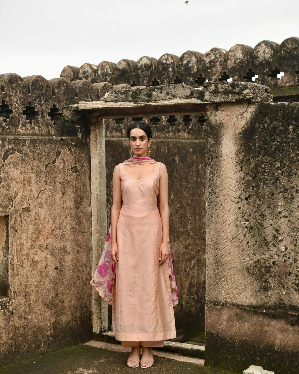 Peach Kurta Set With Dupatta at Kamakhyaa by Taro. This item is Beads work, Best Selling, Chanderi Silk, Chiffon, Digital Print, Enchanted Garden, Evening Wear, Festive Wear, Indian Wear, July Sale, July Sale 2023, Kurta Pant Sets, Kurta Set With Dupatta, Natural, Natural with azo free dyes, Peach, Sequin Work, Womenswear