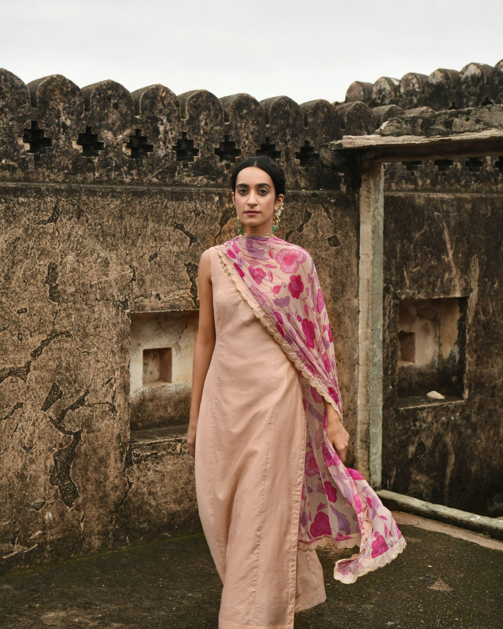 Peach Kurta Set With Dupatta at Kamakhyaa by Taro. This item is Beads work, Best Selling, Chanderi Silk, Chiffon, Digital Print, Enchanted Garden, Evening Wear, Festive Wear, Indian Wear, July Sale, July Sale 2023, Kurta Pant Sets, Kurta Set With Dupatta, Natural, Natural with azo free dyes, Peach, Sequin Work, Womenswear