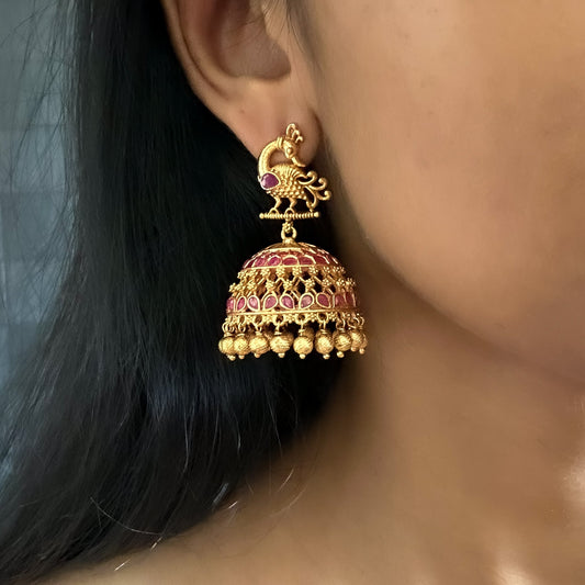 Peahen Antique Jhumkas Brass, Earrings, Festive Wear, Free Size, Gold Plated, Re-polishable, Red, Solids Kamakhyaa