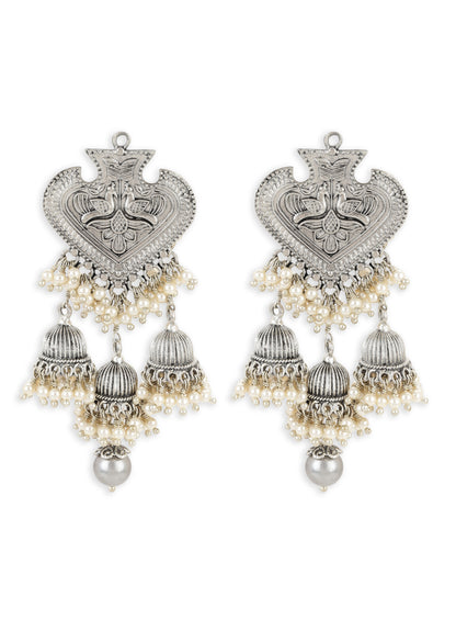 Pearl Teenladi Jhumkis at Kamakhyaa by House Of Heer. This item is Alloy Metal, Festive Jewellery, Festive Wear, Free Size, Handcrafted, jewelry, Jhumkas, July Sale, July Sale 2023, Mix metal, Multicolor, Natural, Pearl, Silver White, Solids, Textured