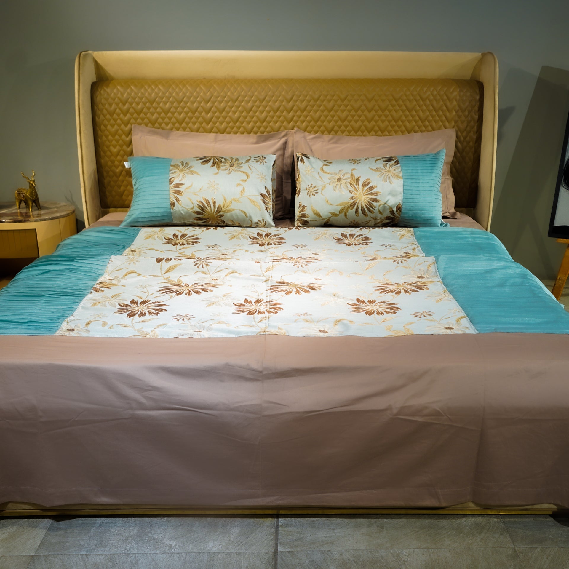 Petalscape Bed Cover with Pillow Covers & Cushion/s at Kamakhyaa by Aetherea. This item is Bed Cover Sets, Bed Covers, Cushion, Green, Home, Pink, Sage Green