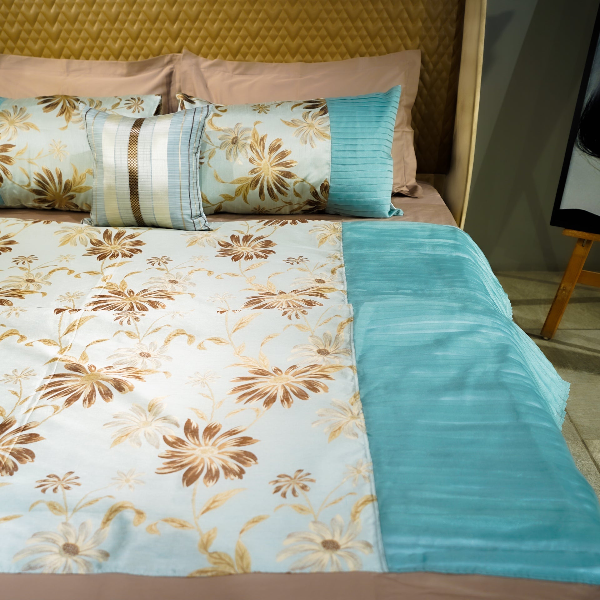 Petalscape Bed Cover with Pillow Covers & Cushion/s at Kamakhyaa by Aetherea. This item is Bed Cover Sets, Bed Covers, Cushion, Green, Home, Pink, Sage Green