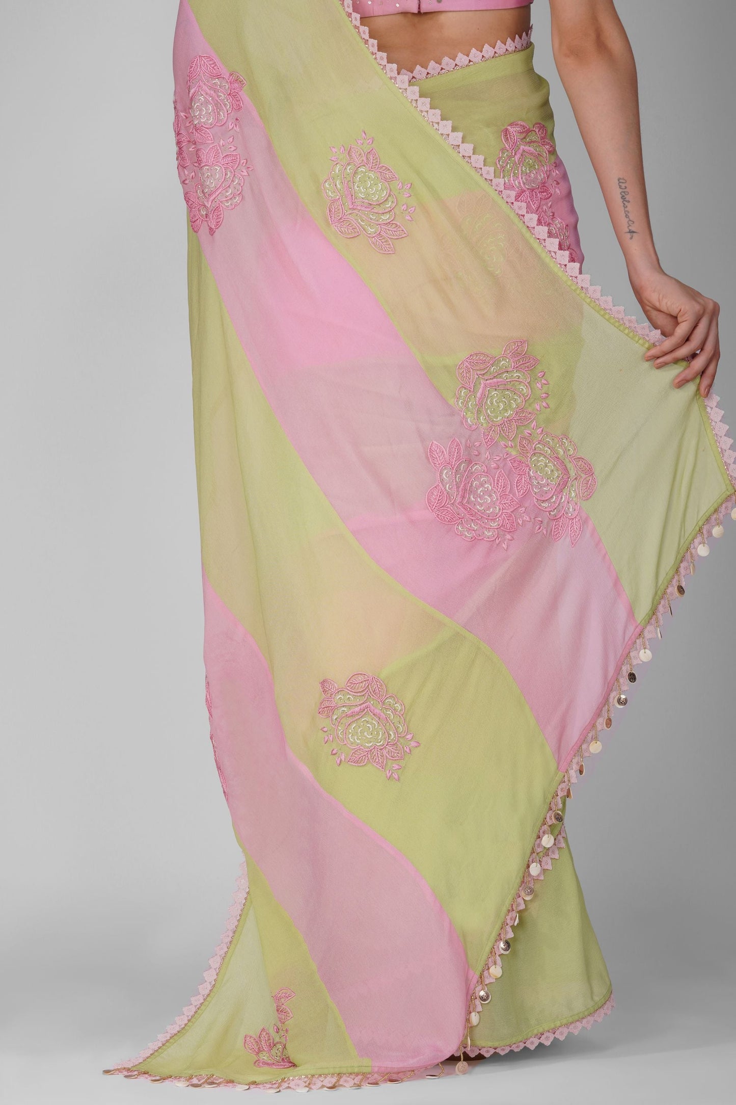 Pink And Green Striped Saree Set at Kamakhyaa by Devyani Mehrotra. This item is Chiffon, Embellished, Green, Indian Wear, Light Pink, Natural, Party Wear, Pink, Regular Fit, Saree Sets, Stripes, Womenswear