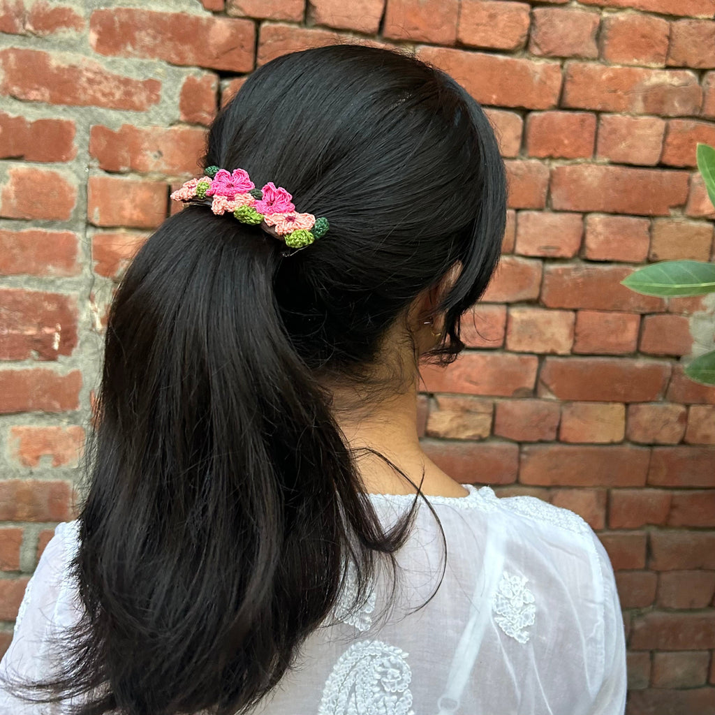Pink And Peach Crochet Hair Clip at Kamakhyaa by Ikriit'm. This item is Accessories, Cotton yarn, Crochet, Free Size, Hair Accessories, Ikriit'm, Natural, Pink