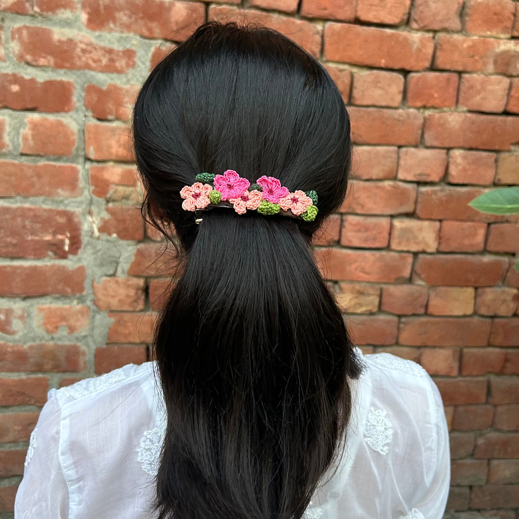 Pink And Peach Crochet Hair Clip at Kamakhyaa by Ikriit'm. This item is Accessories, Cotton yarn, Crochet, Free Size, Hair Accessories, Ikriit'm, Natural, Pink