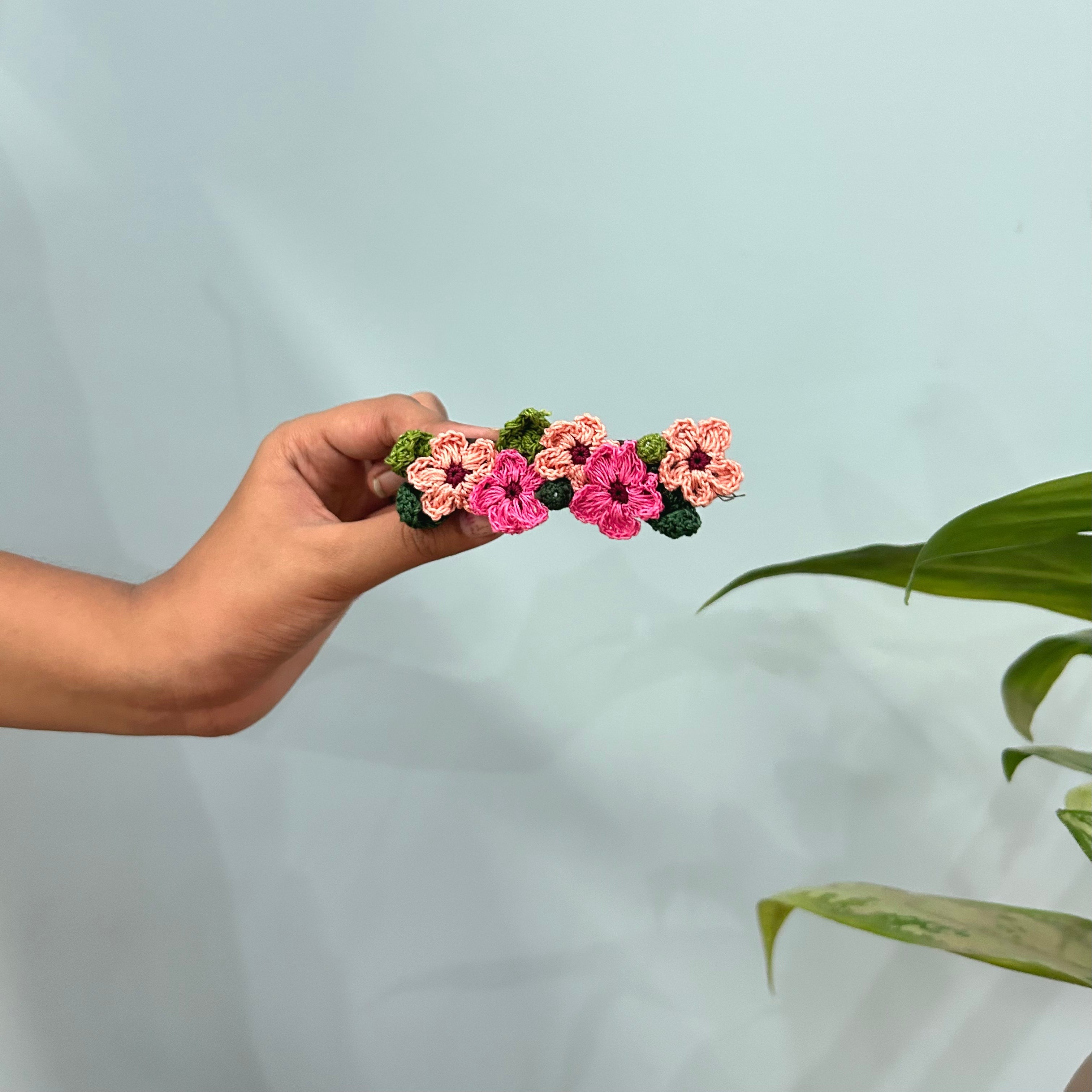 Pink And Peach Crochet Hair Clip at Kamakhyaa by Ikriit'm. This item is Accessories, Cotton yarn, Crochet, Free Size, Hair Accessories, Ikriit'm, Natural, Pink