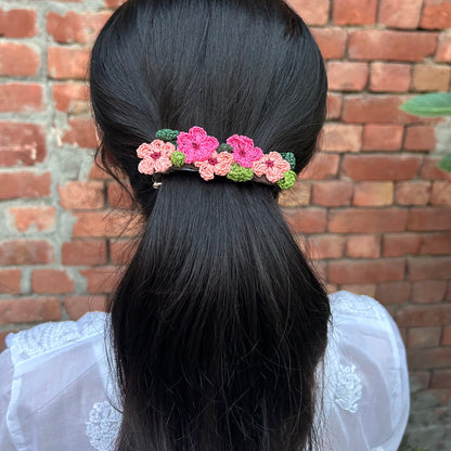 Pink And Peach Crochet Hair Clip at Kamakhyaa by Ikriit'm. This item is Accessories, Cotton yarn, Crochet, Free Size, Hair Accessories, Ikriit'm, Natural, Pink