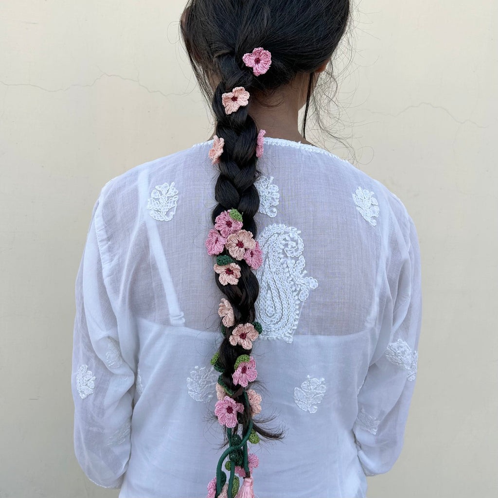 Pink And Peach Crochet Hair Parandi at Kamakhyaa by Ikriit'm. This item is Accessories, Cotton yarn, Crochet, Free Size, Hair Accessories, Ikriit'm, Natural, Pink