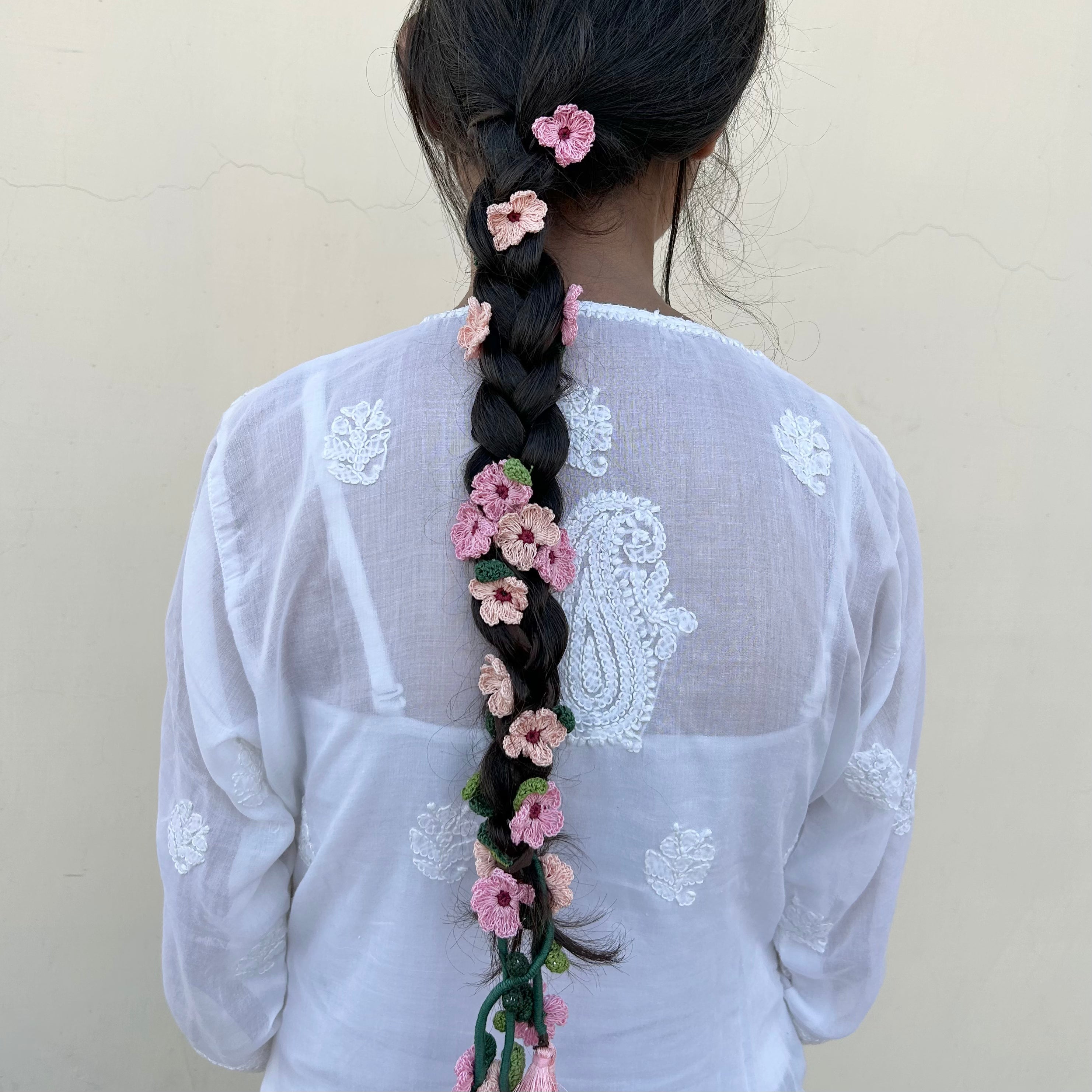 Pink And Peach Crochet Hair Parandi at Kamakhyaa by Ikriit'm. This item is Accessories, Cotton yarn, Crochet, Free Size, Hair Accessories, Ikriit'm, Natural, Pink