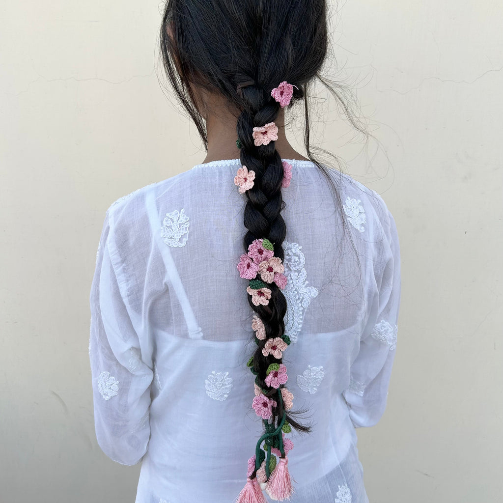 Pink And Peach Crochet Hair Parandi at Kamakhyaa by Ikriit'm. This item is Accessories, Cotton yarn, Crochet, Free Size, Hair Accessories, Ikriit'm, Natural, Pink