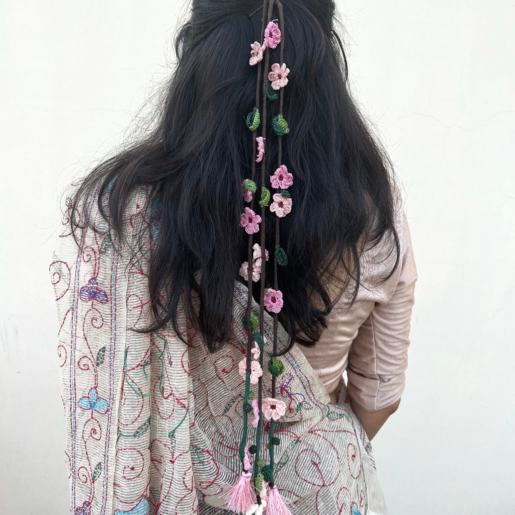 Pink And Peach Crochet Hair Parandi at Kamakhyaa by Ikriit'm. This item is Accessories, Cotton yarn, Crochet, Free Size, Hair Accessories, Ikriit'm, Natural, Pink