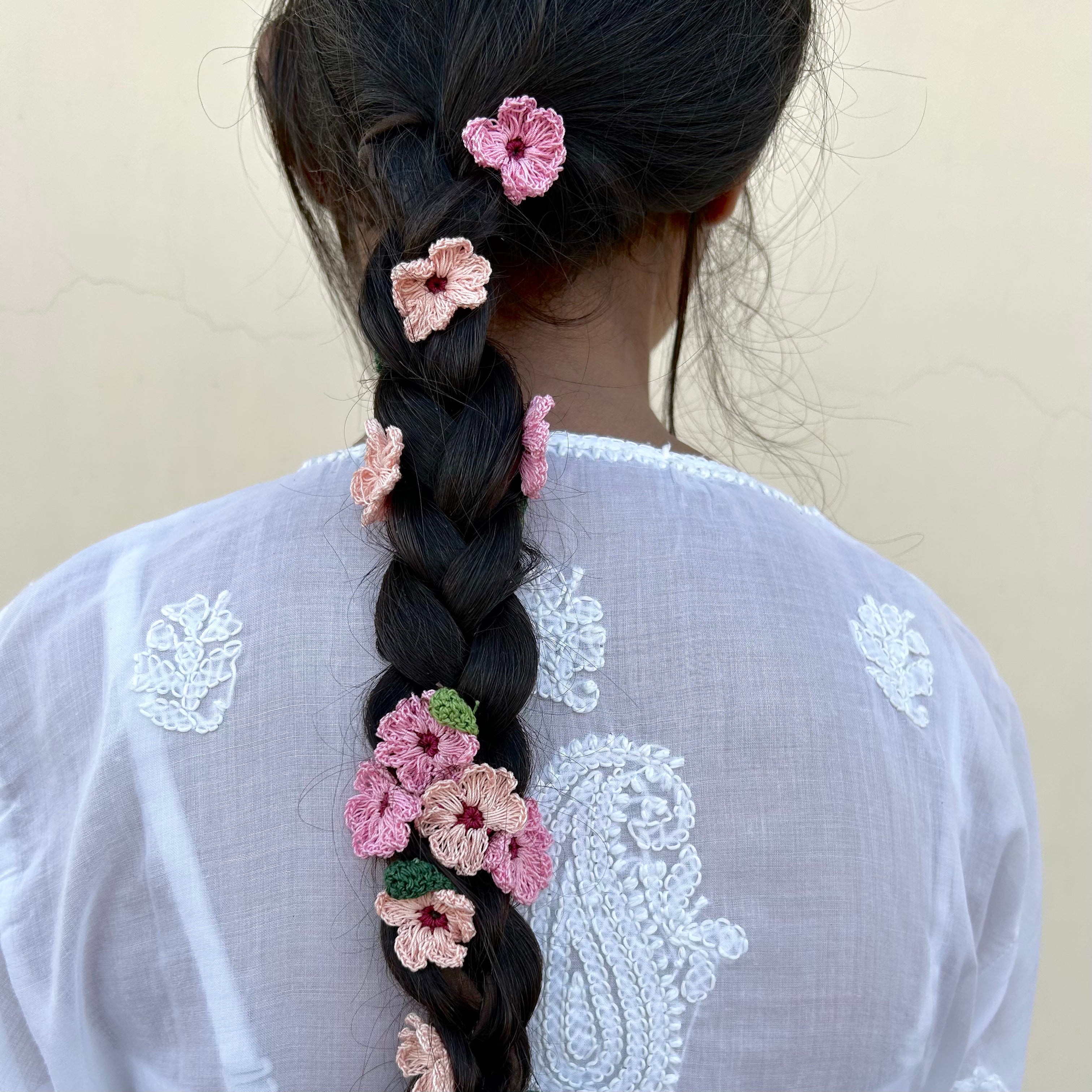 Pink And Peach Crochet Hair Parandi at Kamakhyaa by Ikriit'm. This item is Accessories, Cotton yarn, Crochet, Free Size, Hair Accessories, Ikriit'm, Natural, Pink