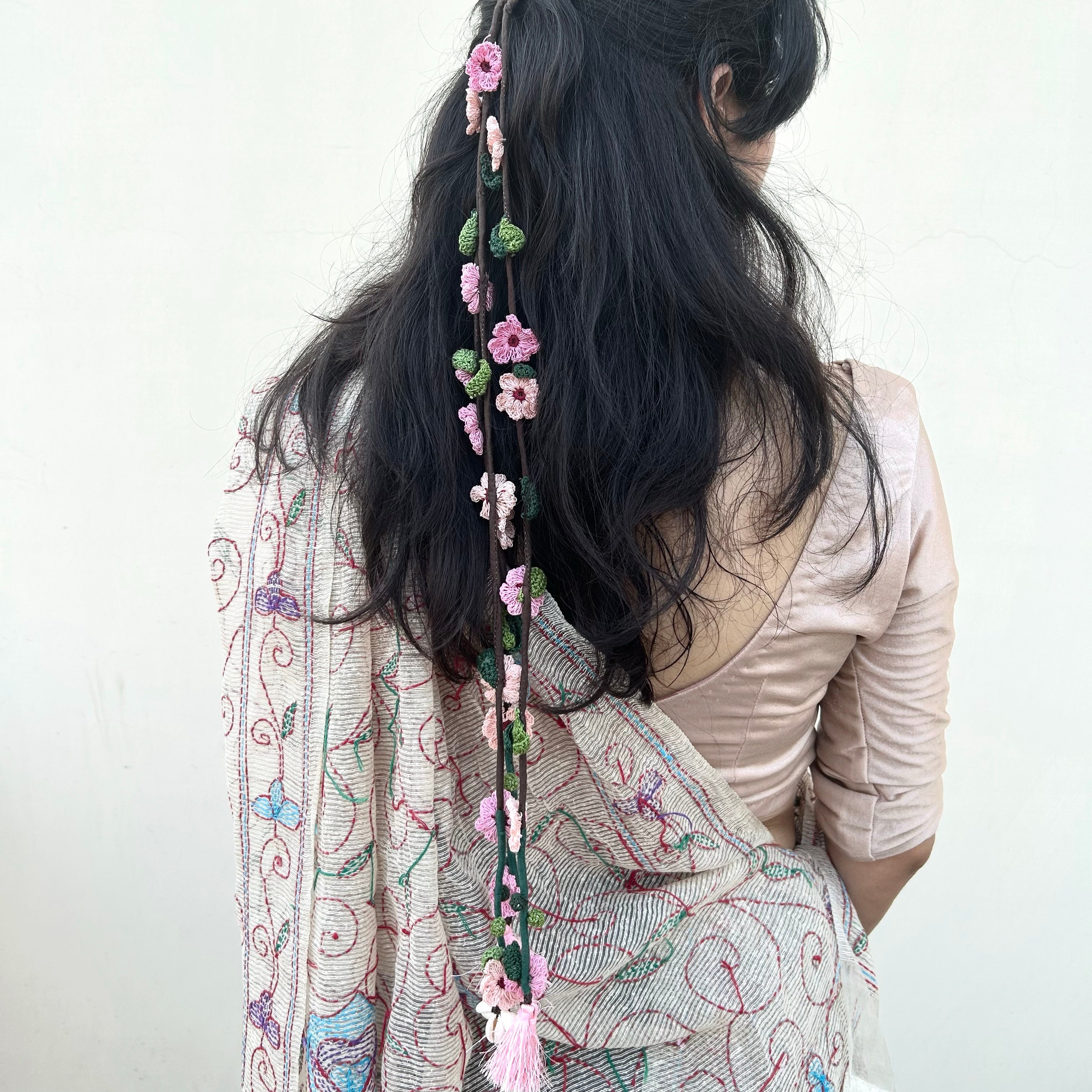 Pink And Peach Crochet Hair Parandi at Kamakhyaa by Ikriit'm. This item is Accessories, Cotton yarn, Crochet, Free Size, Hair Accessories, Ikriit'm, Natural, Pink