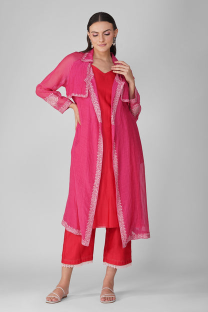 Pink And Red Trench Kurta With Pant Set at Kamakhyaa by Devyani Mehrotra. This item is Chanderi, Embellished, Indian Wear, Natural, Party Wear, Pink, Regular Fit, Womenswear