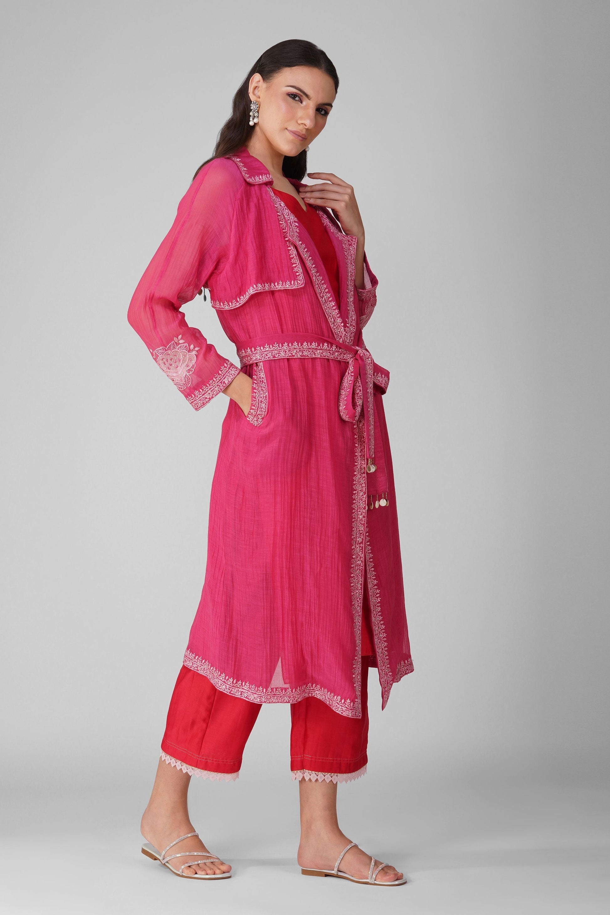 Pink And Red Trench Kurta With Pant Set at Kamakhyaa by Devyani Mehrotra. This item is Chanderi, Embellished, Indian Wear, Natural, Party Wear, Pink, Regular Fit, Womenswear