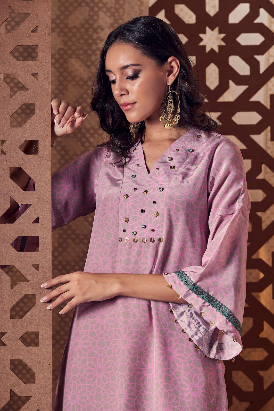 Pink Bell Sleeve Kurta with Salwar - Set of 3 at Kamakhyaa by Charkhee. This item is Beige, Cotton, Crepe, Embroidered, Ethnic Wear, Indian Wear, Kurta Salwar Sets, Kurta Set With Dupatta, Naayaab, Natural, Nayaab, Relaxed Fit, Womenswear