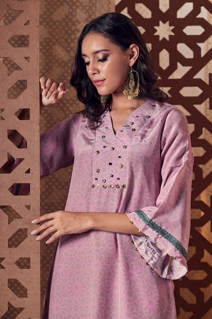 Pink Bell Sleeve Kurta with Salwar - Set of 3 at Kamakhyaa by Charkhee. This item is Beige, Cotton, Crepe, Embroidered, Ethnic Wear, Indian Wear, Kurta Salwar Sets, Kurta Set With Dupatta, Naayaab, Natural, Nayaab, Relaxed Fit, Womenswear