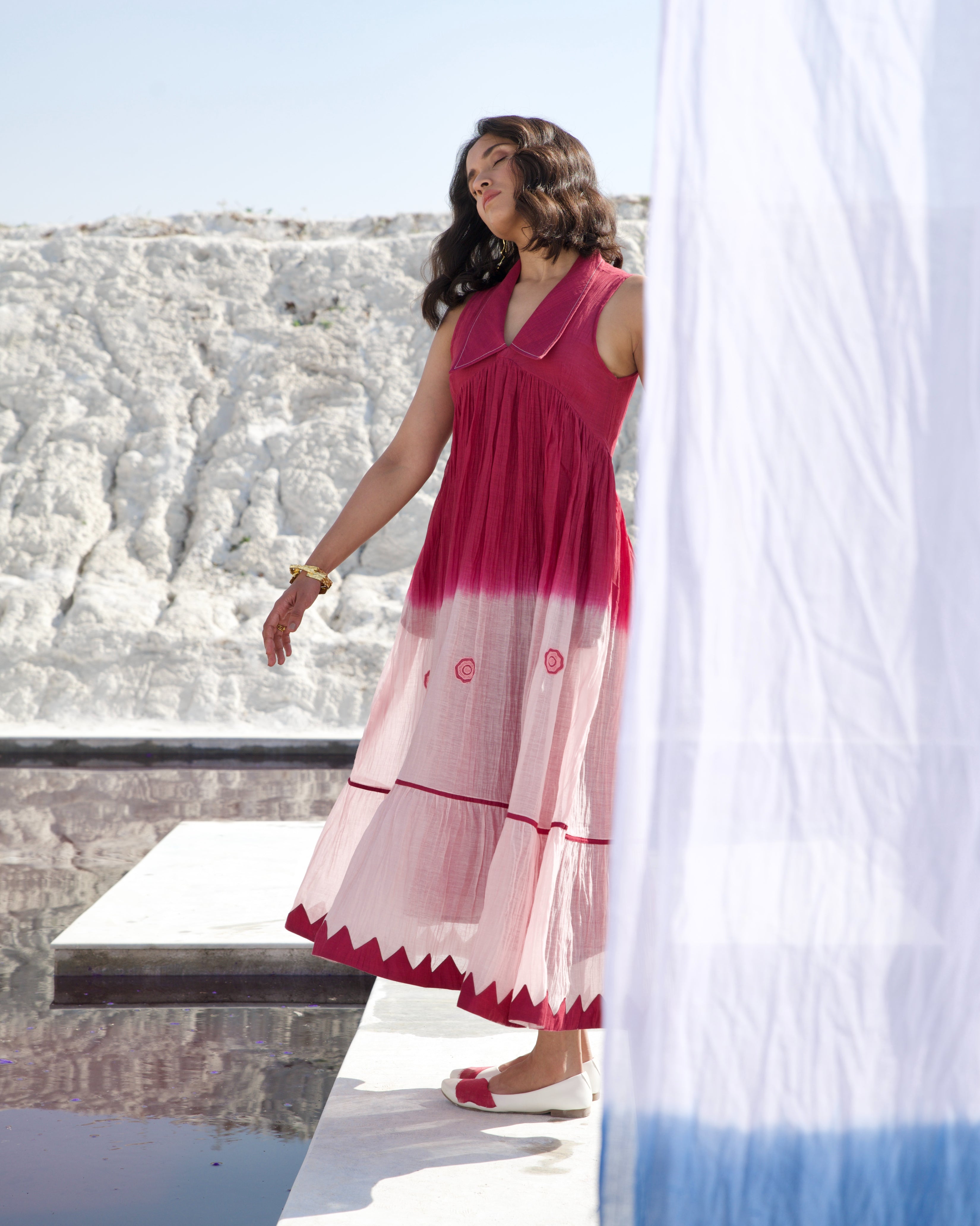 Pink Casual Midi Dress at Kamakhyaa by The Loom Art. This item is Aurora SS24, Casual Wear, Chanderi Silk, July Sale, July Sale 2023, Midi Dresses, Ombre & Dyes, Organic, Pink, Regular Fit, Sleeveless Dresses, Womenswear