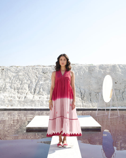 Pink Casual Midi Dress at Kamakhyaa by The Loom Art. This item is Aurora SS24, Casual Wear, Chanderi Silk, July Sale, July Sale 2023, Midi Dresses, Ombre & Dyes, Organic, Pink, Regular Fit, Sleeveless Dresses, Womenswear