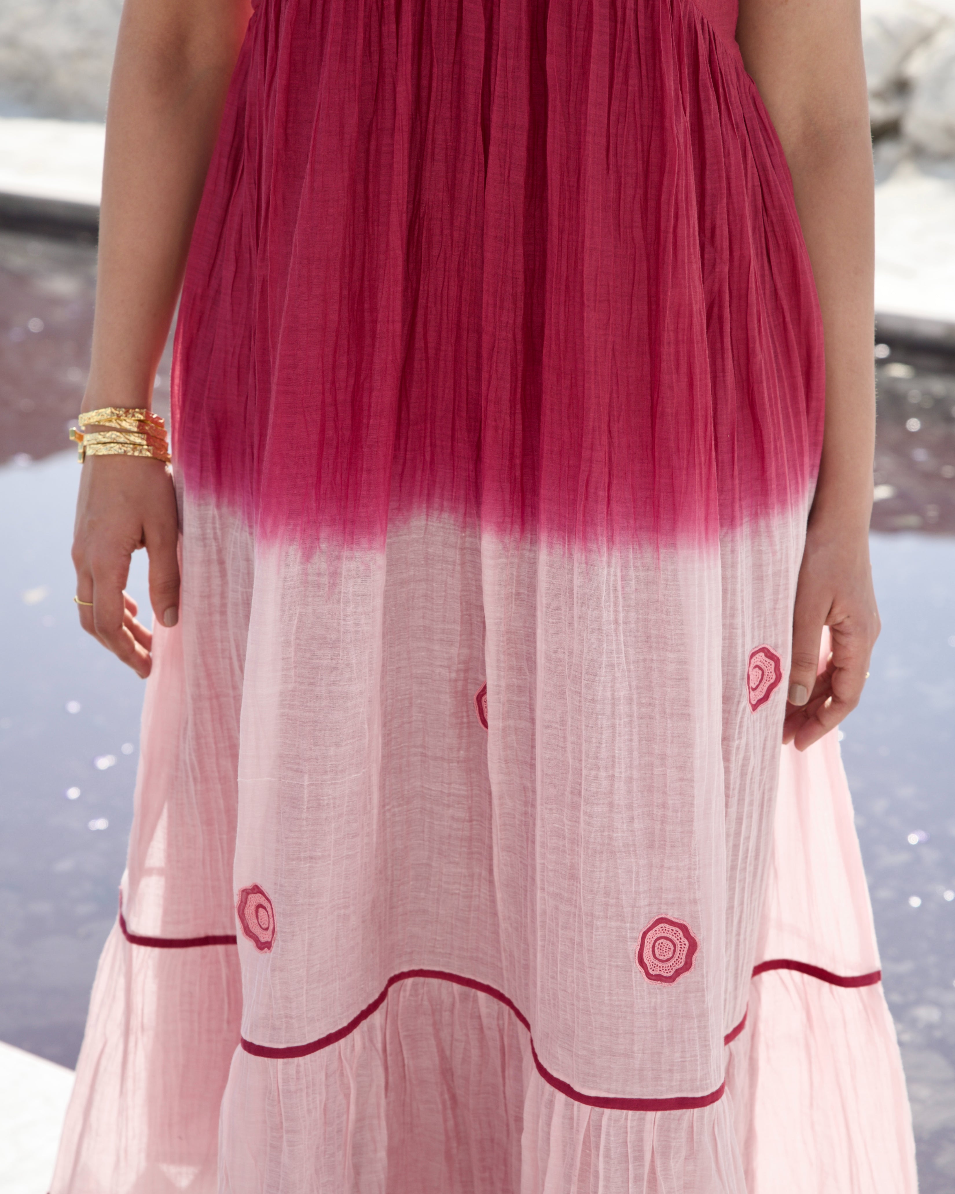 Pink Casual Midi Dress at Kamakhyaa by The Loom Art. This item is Aurora SS24, Casual Wear, Chanderi Silk, July Sale, July Sale 2023, Midi Dresses, Ombre & Dyes, Organic, Pink, Regular Fit, Sleeveless Dresses, Womenswear