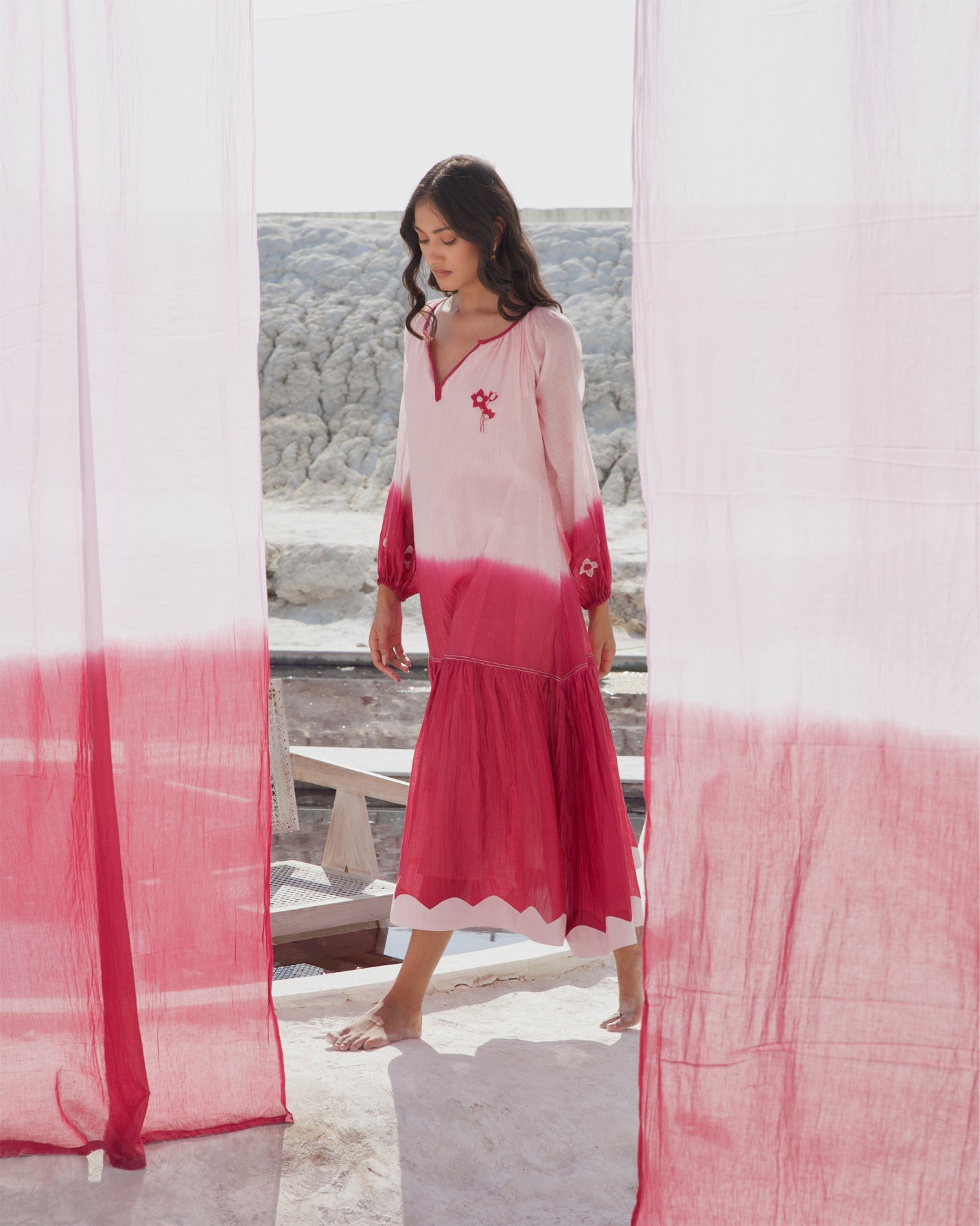 Pink Casual Midi Dress at Kamakhyaa by The Loom Art. This item is Aurora SS24, Casual Wear, Chanderi Silk, July Sale, July Sale 2023, Midi Dresses, Ombre & Dyes, Organic, Pink, Relaxed Fit, Tiered Dresses, Womenswear