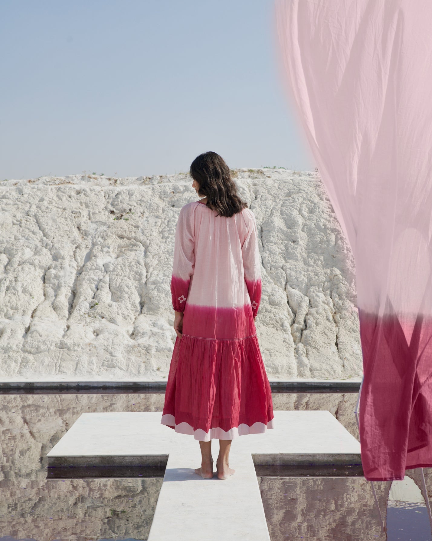 Pink Casual Midi Dress at Kamakhyaa by The Loom Art. This item is Aurora SS24, Casual Wear, Chanderi Silk, July Sale, July Sale 2023, Midi Dresses, Ombre & Dyes, Organic, Pink, Relaxed Fit, Tiered Dresses, Womenswear