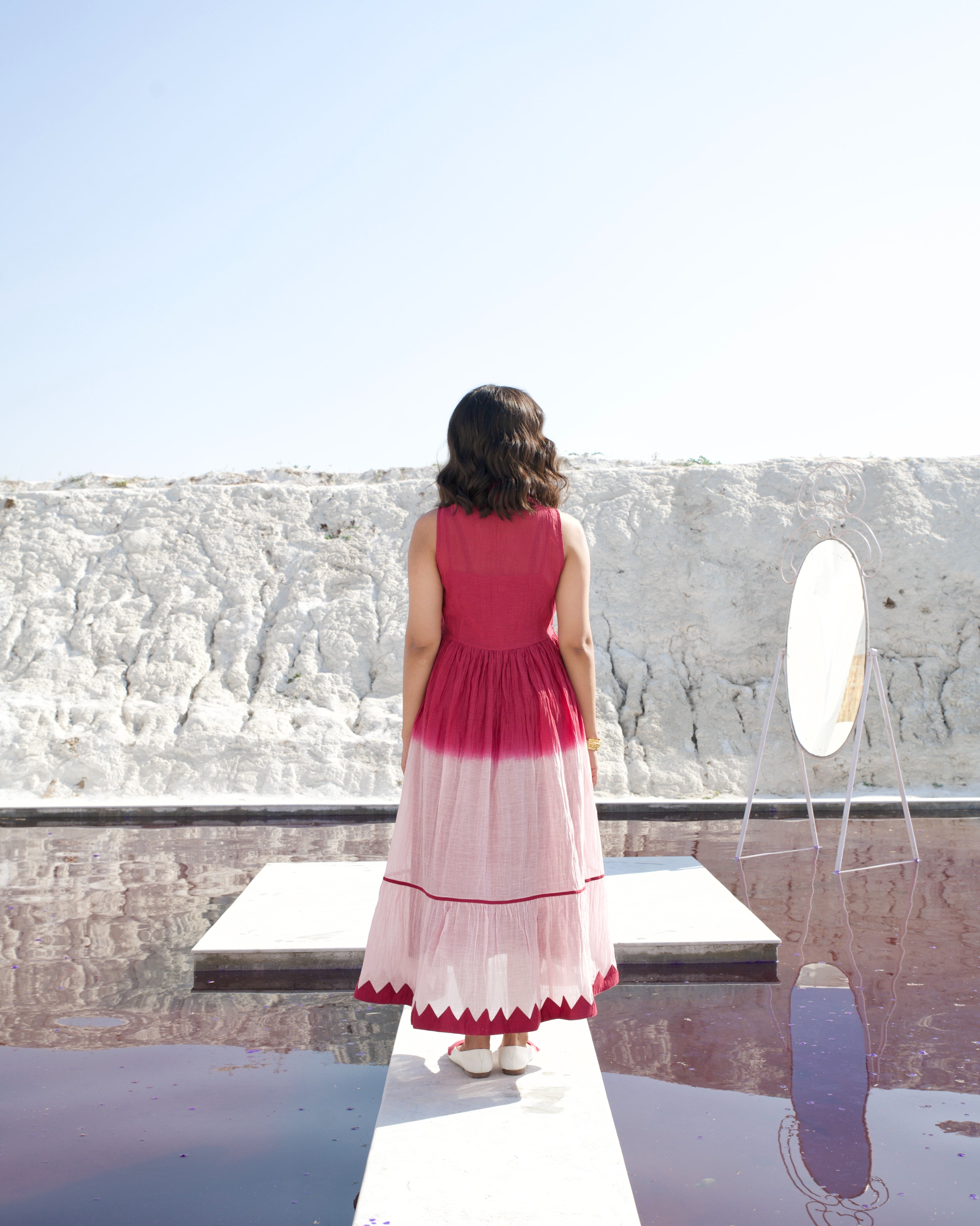 Pink Casual Midi Dress at Kamakhyaa by The Loom Art. This item is Aurora SS24, Casual Wear, Chanderi Silk, July Sale, July Sale 2023, Midi Dresses, Ombre & Dyes, Organic, Pink, Regular Fit, Sleeveless Dresses, Womenswear