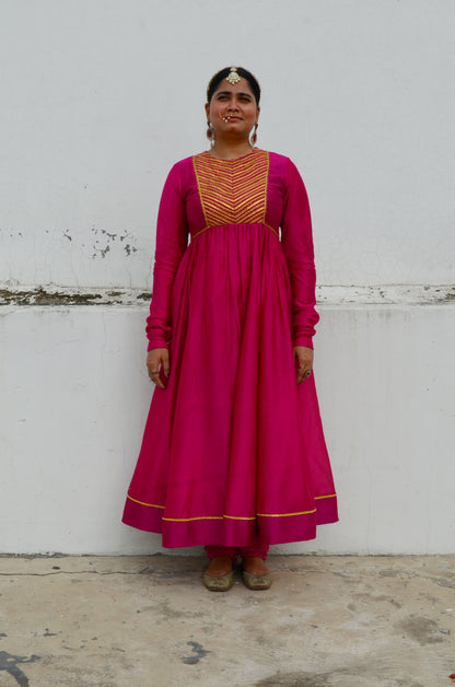 Pink Chanderi Anakali with Dupatta at Kamakhyaa by Ahmev. This item is Chanderi Silk, Co-ord Sets, Cotton, Embellished, Evening Wear, Festive Wear, Kurta Set with Dupattas, Party Wear, Pink, Regular Fit, Rumi, Solids, Womenswear