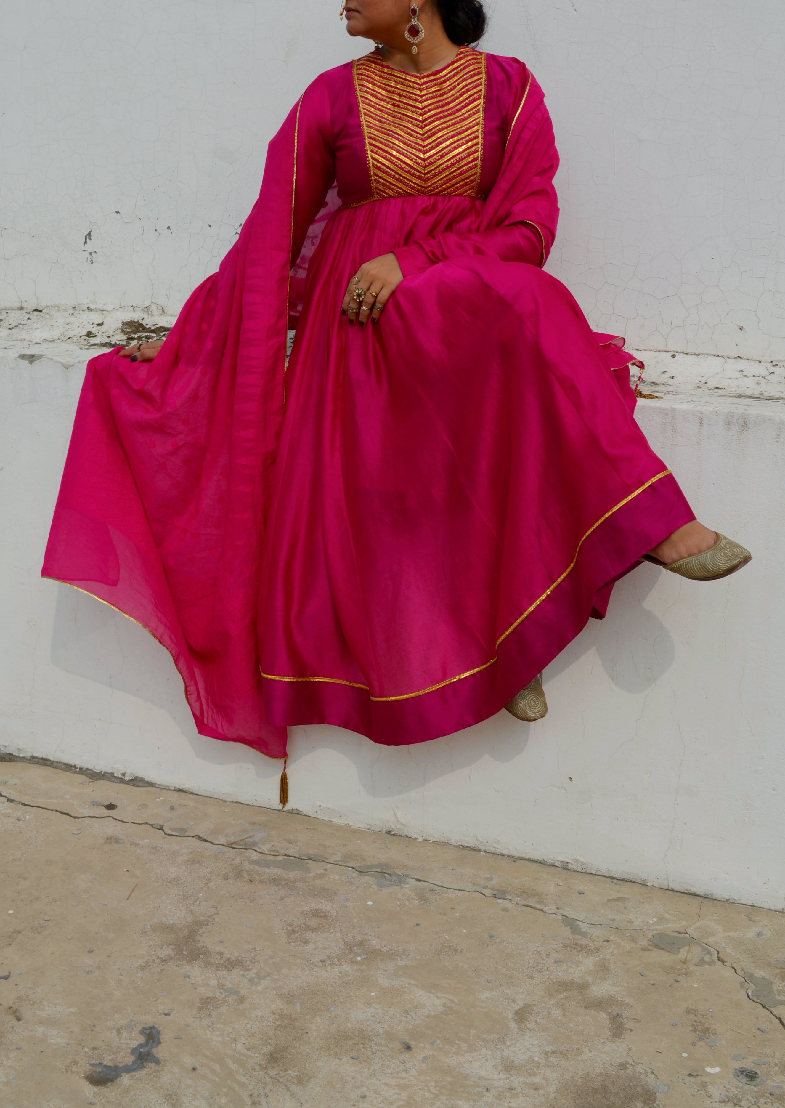 Pink Chanderi Anakali with Dupatta at Kamakhyaa by Ahmev. This item is Chanderi Silk, Co-ord Sets, Cotton, Embellished, Evening Wear, Festive Wear, Kurta Set with Dupattas, Party Wear, Pink, Regular Fit, Rumi, Solids, Womenswear