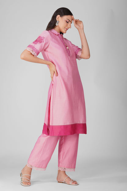 Pink Chanderi Collar Tunic With Pant Set at Kamakhyaa by Devyani Mehrotra. This item is Chanderi, Embellished, Indian Wear, Natural, Party Wear, Pink, Regular Fit, Womenswear