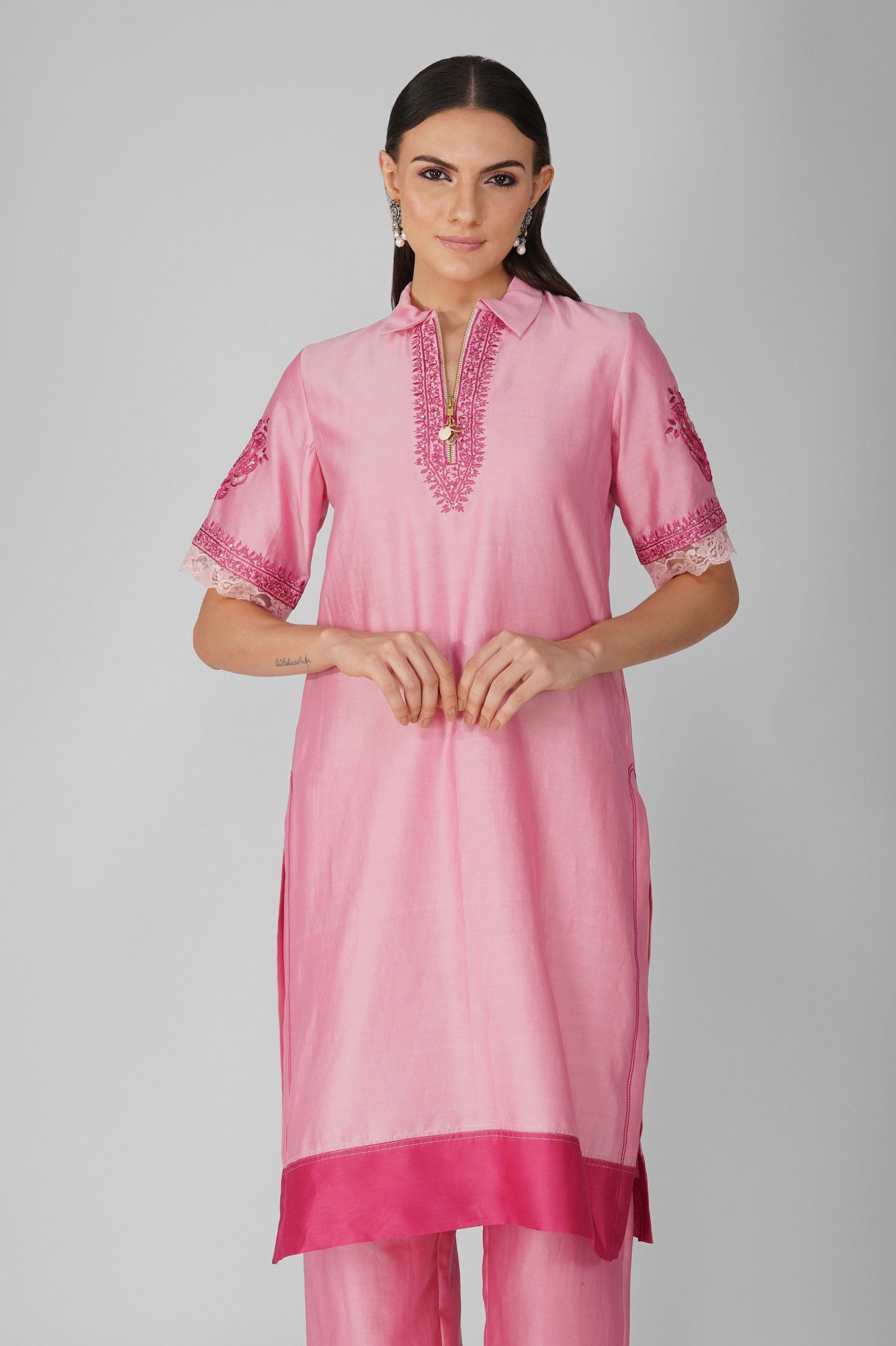 Pink Chanderi Collar Tunic With Pant Set at Kamakhyaa by Devyani Mehrotra. This item is Chanderi, Embellished, Indian Wear, Natural, Party Wear, Pink, Regular Fit, Womenswear
